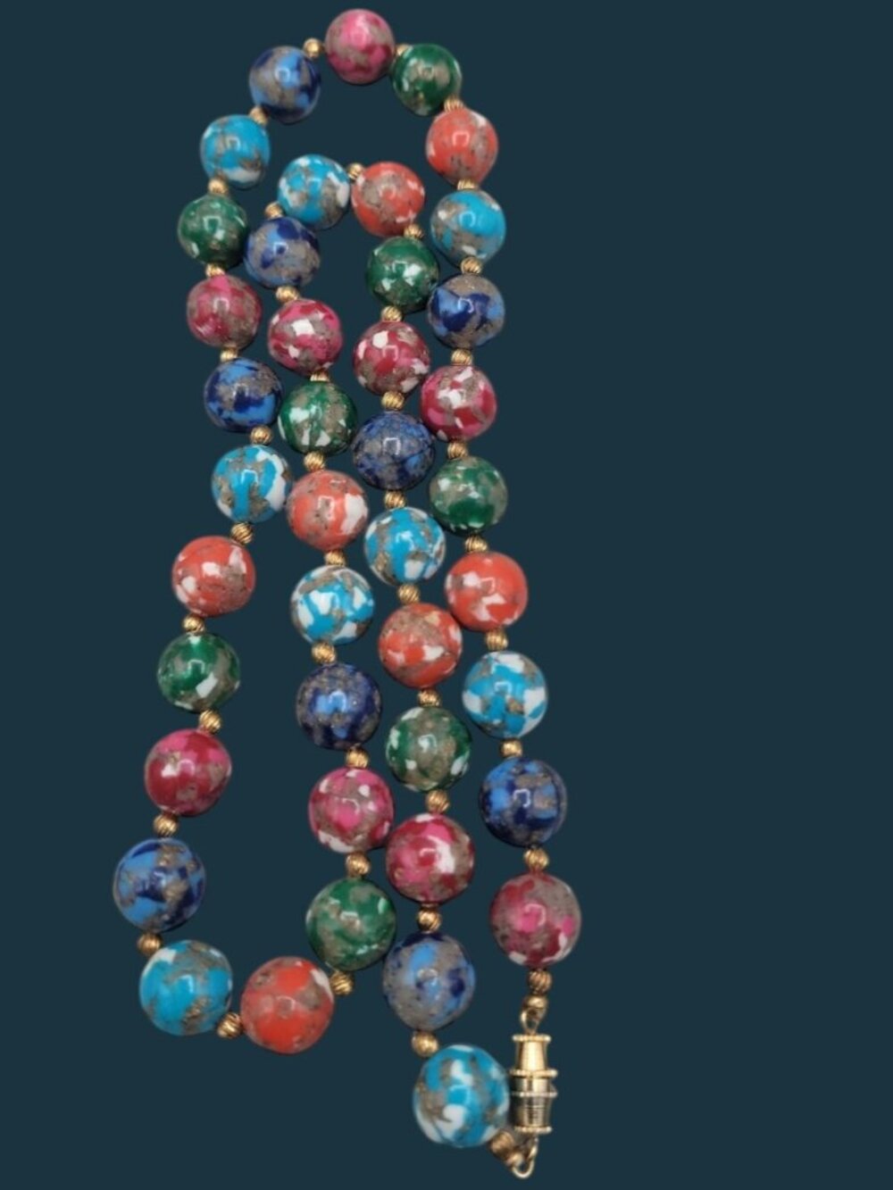 Vintage Murano Glass Bead Necklace Multicolor Mosaic Aventurine 11.5mm Beads 24" - Picture 1 of 9